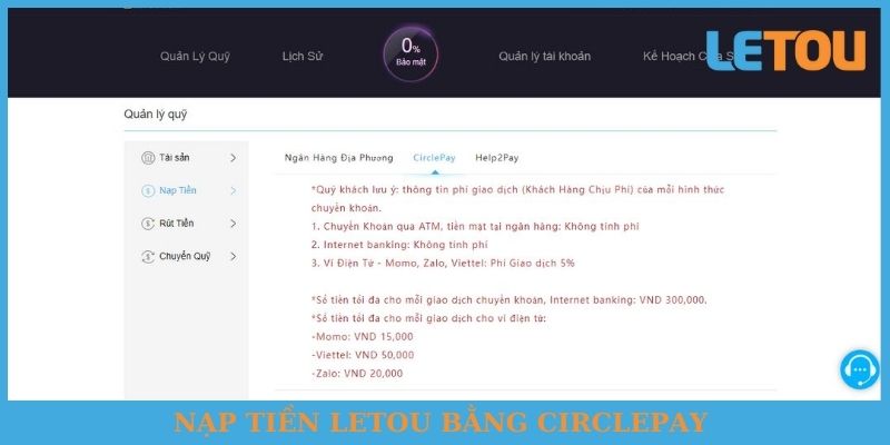 Nạp tiền Letou bằng CirclePay